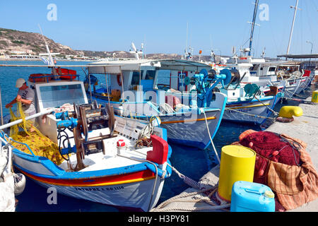 Brightly coloured fishing boats at the harbour in Kefalos, Kos one of the Dodecanese Greek islands Stock Photo