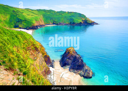 Lantic Bay Cornwall England near Fowey and Polruan with turquoise and blue sea bright vivid colours illustration Stock Photo