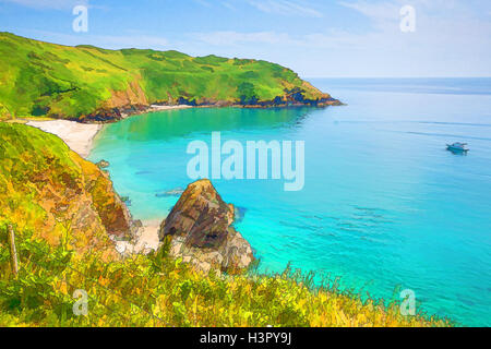 Lantic Bay Cornwall England near Fowey and Polruan with turquoise and blue sea bright vivid colours illustration Stock Photo