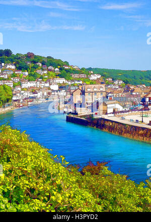 Cornwall uk bright vivid colours Looe harbour illustration Stock Photo
