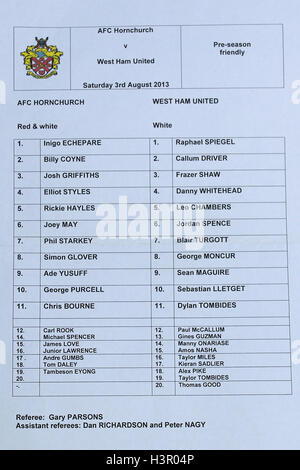 The official team sheet for the match - AFC Hornchurch vs West Ham United XI - Friendly Football Match at The Stadium, Upminster Bridge, Essex - 03/08/13 Stock Photo