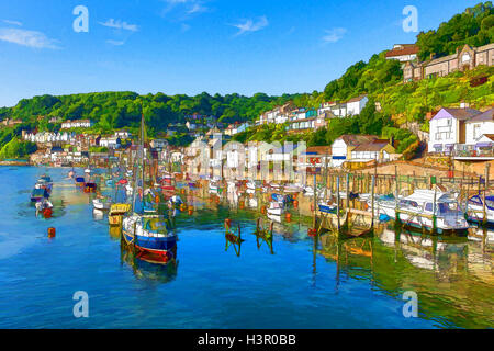 Looe Cornwall UK with bright vivid colours harbour boats yachts and blue sea and sky Stock Photo