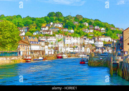 Looe Cornwall UK with bright vivid colours harbour boats yachts and blue sea and sky Stock Photo