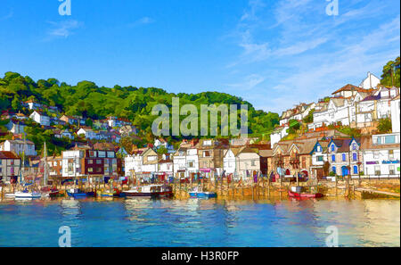 Looe harbour Cornwall UK with bright vivid colours harbour boats yachts and blue sea and sky Stock Photo