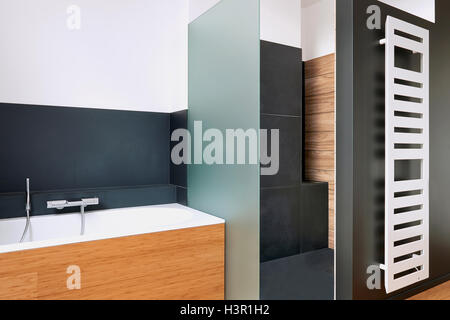 Bathtub and shower in tiled bathroom with vertical radiator Stock Photo