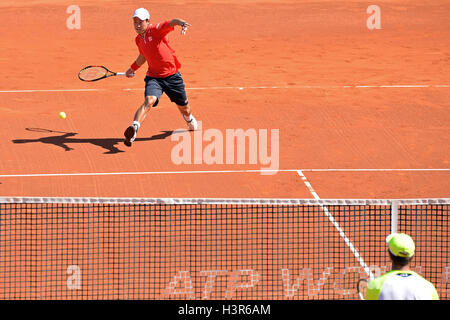 BARCELONA - APR 21: Kei Nishikori (tennis player from Japan) plays at the ATP Barcelona Open Banc Sabadell. Stock Photo