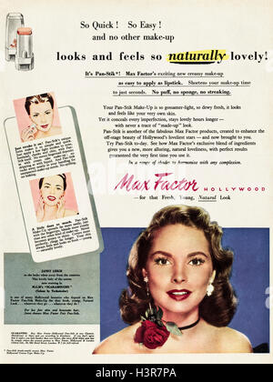 1950s advertising advert from original old vintage magazine dated 1952 advertisement for Max Factor cosmetics featuring Janet Leigh Stock Photo