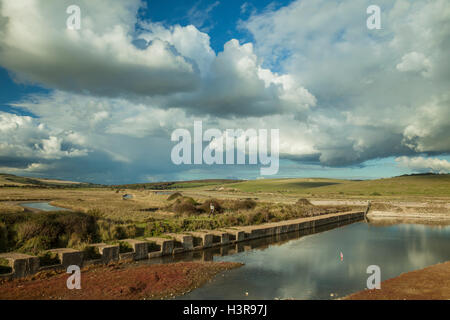 Dramatic skies over Cuckmere Haven in East Sussex, England. South Downs National Park. Stock Photo