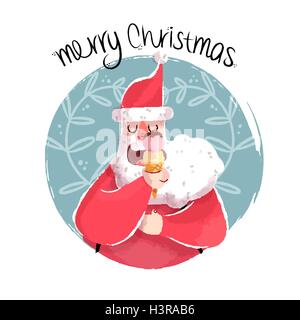Merry Christmas funny hand drawn illustration of cute santa claus eating ice cream cone. EPS10 vector. Stock Vector