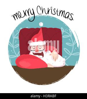 Merry Christmas funny hand drawn illustration of cute santa claus sleeping on a desk. EPS10 vector. Stock Vector