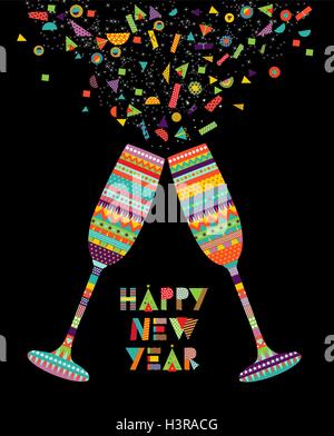 Fun Happy New Year card design with drink glass making toast and colorful decoration. EPS10 vector. Stock Vector