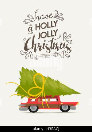 Merry christmas greeting card design, holiday happy new year lettering and vintage xmas car illustration with pine tree gift. Stock Vector