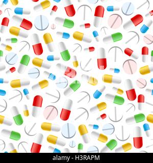 Colourful pills on white, seamless pattern Stock Vector