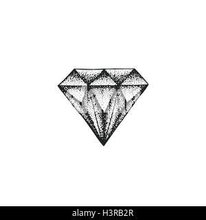 vector black work tattoo dot art hand drawn engraving style faceted diamond illustration isolated white background Stock Vector