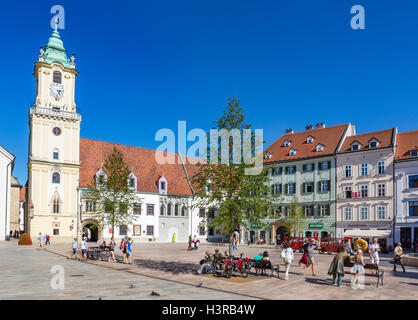 Hlavné námestie (Main Square) looking towards the Old Town Hall, Bratislava, Slovakia Stock Photo