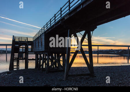 Cleddau Bridge, Milford Haven, Pembrokeshire, UK at sunset from Burton Stock Photo