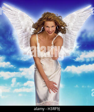 Woman, angel, gesture, lure, entice, cloudy sky studio, lining, dress, wing, Christmas angel, guardian angel, blond, angel's wing, white, infant Jesus, Christmas, heaven messenger, heavenly, Composing, attract, request, stimulus, seduction, temptation, Stock Photo