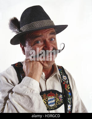 Germany, Bavaria, man, national costume, care, portrait, Trachtler, senior, walrus moustache, beard, Trachtenhud, shirt, Hosenträgr, embroiders, head, hand, support, cut out Stock Photo