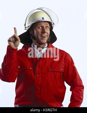 Firefighter, safety helmet, hard hat, gesture, upraised forefinger, studio, half portrait, mb 13 A2 Stock Photo