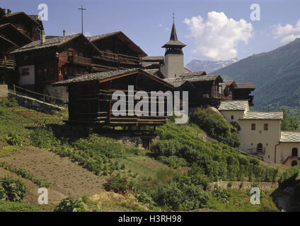 Switzerland, Valais, Val d'Anniviers, Grimentz, local view, Europe, canton, village, place, place, mountain village, 1600 m, houses, residential houses, architectural style, typically for country, season, summer, early summer, Stock Photo