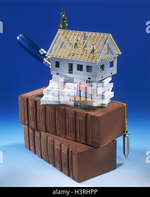 Icon, building of a house, financing, bank notes, euro, bundled up, red bricks, trowel, plummet, Still life, product photography, banknotes, money, cash, currency, currency unit, single currency, means payment, European, the EU, investment, real estate, m