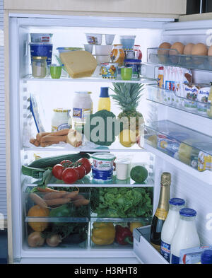 Fridge, openly, completely, food, household appliance, electrically, storage, foods, food, food, retention, stock, stocks, keeps, milk, milk products, vegetables, tropical fruits, food, abundance, consumption, material recording, Still life Stock Photo