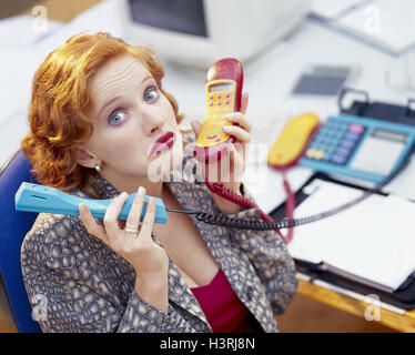 Office, office workers, receivers, two, gesture, helplessly, half portrait, professions, office work, woman, secretary, stress, ignorantly, desperation, stressed, call up, Stock Photo
