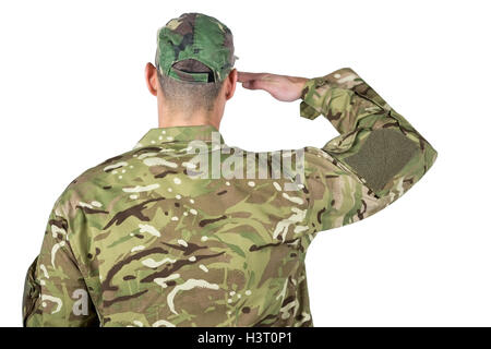 Rear view of soldier saluting Stock Photo