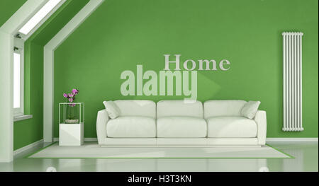 Green living room in the attic with white sofa and vertical heater - 3d rendering Stock Photo