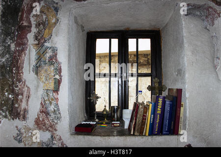 Montenegro - Preserved fragments of the original frescoes (14th century) within the medieval Orthodox monastery Podlastva Stock Photo