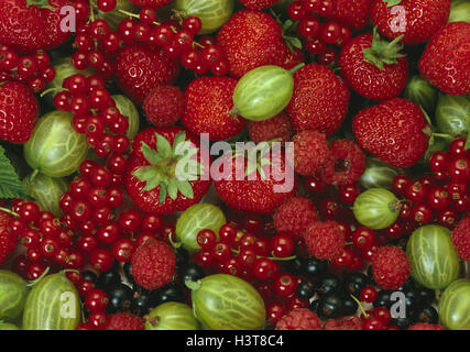 Gooseberries, strawberries, black, currants, red currants, Still life, Ribes uva-crispa, Fragaria, Ribes rubrum in front of judgment, Ribes nigrum, Rispen, fruit, soft fruits, berries, currants, red, blue, vitamins, rich in vitamins, fruits, eatable, healthy, food, food, Stock Photo