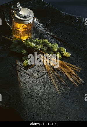 , Still life, beer mug, hop, grain, Still life, icon, purity requirement, law, beer, beer is brewing, eyebrows, brewing art, ingredients, barley, drink, alcohol, alcoholic, glass, jug, tin lid, Stock Photo