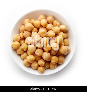 Bowl of preserved chickpeas isolated on white background, top view Stock Photo