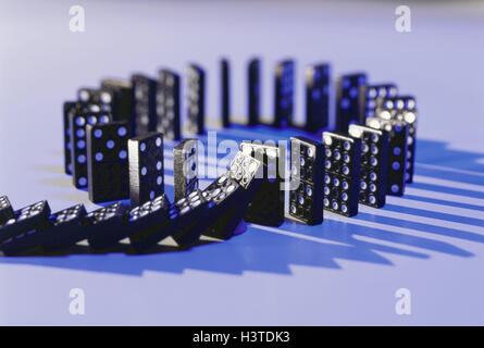 Dominos, lined up, fall, tip over dominoes, game, series, fall down, knock down, chain reaction, Stock Photo