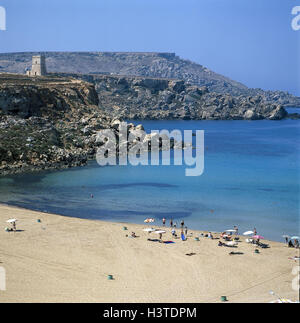 Malta, coast, Golden Bay, beach, summer, sea, the Mediterranean Sea, coastal scenery, coast, steep coast, bile coast, northwest coast, bath bay, island, beach holiday, tourism, vacation, Sand, sandy beach, beach holiday, rest Stock Photo