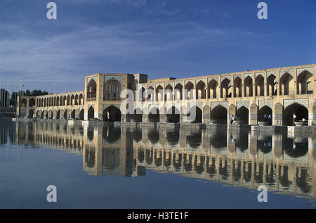 Iran, Isfahan, 33-bow bridge 'Siosehpol', river 'Zayandeh Rud', the Middle East, front East, the Near East, Esfahan, town, bridge, arcades, bows, architectural style, structure, architecture, Sajende Rud, place of interest Stock Photo