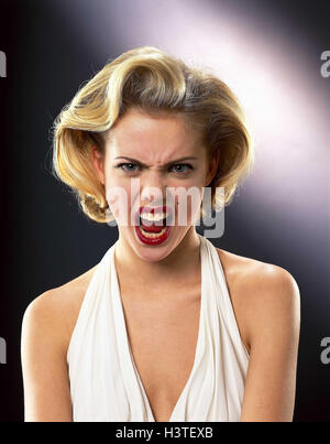 Imitation, Marilyn Monroe, facial play, furiously, aggressively, portrait, women, woman, young, blond, stand-in, studio, cut out, aggression, fury, rage, shout, Stock Photo