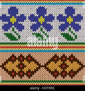 Knitting ornamental seamless colourful vector pattern with rows of blue stylized flowers and geometric figures as a knitted fabr Stock Vector