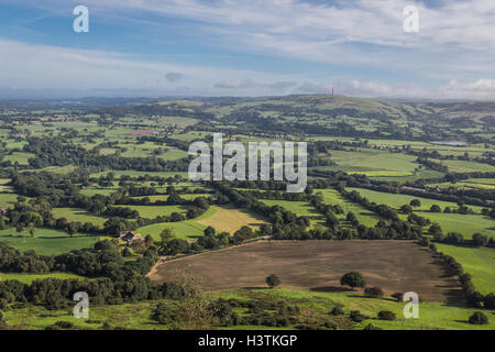 The Cheshire Plains. View from the summit of Bosley Cloud towards Sutton Common Radio Tower at Croker Hill, Cheshire, UK Stock Photo