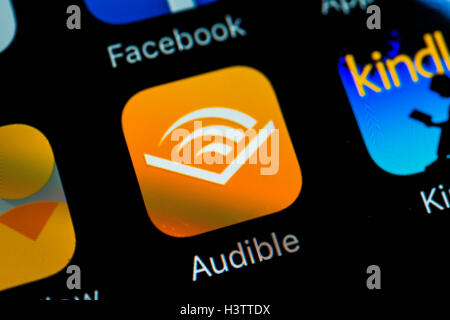 Smartphone screen with Audible app icon in detail Stock Photo