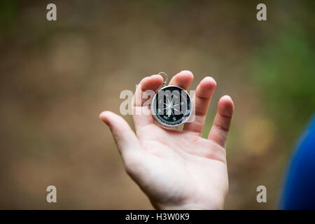 Hand holding compass in forest Stock Photo