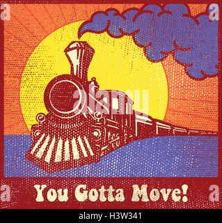All aboard and let's get lost! Retro puffing steam train engine at sunset, express train Stock Vector