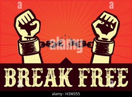 I want to break free! Hands with clenched fists breaking bonds or fetters, cast off the chains around the wrists, throw off the shackles Stock Vector