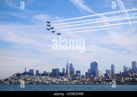 Breitling Jet Team, civilian, flies over San Francisco city skyline during Fleet Week, 2016 Stock Photo