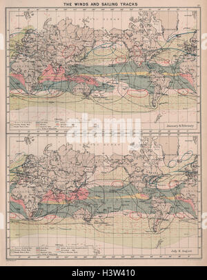 World ocean trade winds & sailing ship routes. Jan/Feb & July/Aug c1914 map Stock Photo