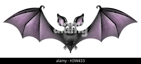 Bat isolated on a white background as a creepy and cute flying webbed winged smiling mammal as a spooky vampire horror symbol or halloween celebration icon with 3D illustration elements. Stock Photo