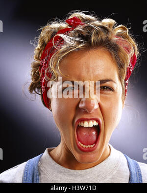 Woman, young, hairs, blond, cloth, red, facial play, shout, portrait, women, housewife, studio, aggressively, shout, furiously, fury, rage, angrily, aggressiveness, Stock Photo