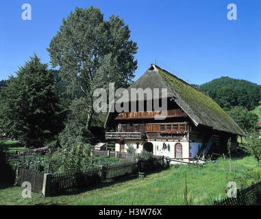 Germany, Black Forest, farmhouse, Europe, South Germany, house, residential house, Black Forest house, hipped roof, thatched roof, reetgedeckt, garden, vegetable garden, summer Stock Photo