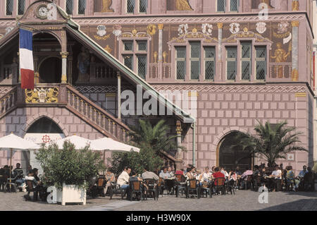 France, Alsace, Mulhouse, Place de la Reunion, city hall, facade, detail, street cafe, Europe, department Haut-Rhin, Mülhausen, town, city hall building, builds in 1552, doubles stairs, loggia, facade painting, artist, painter, Christian Bockstorffer, art Stock Photo