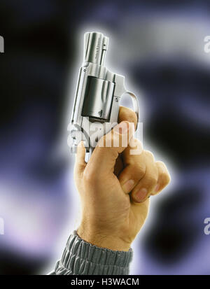 Man, detail, hand, revolver, [M], cut out, shoot, starting pistol, start, criminal activity, murder, threat, robbery, raid, glaucoma shot, warning shot, gun, weapon Stock Photo